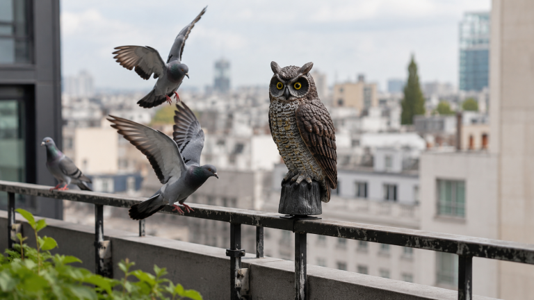 Rapace factice en forme de hibou installé sur un balcon pour éloigner les pigeons en ville