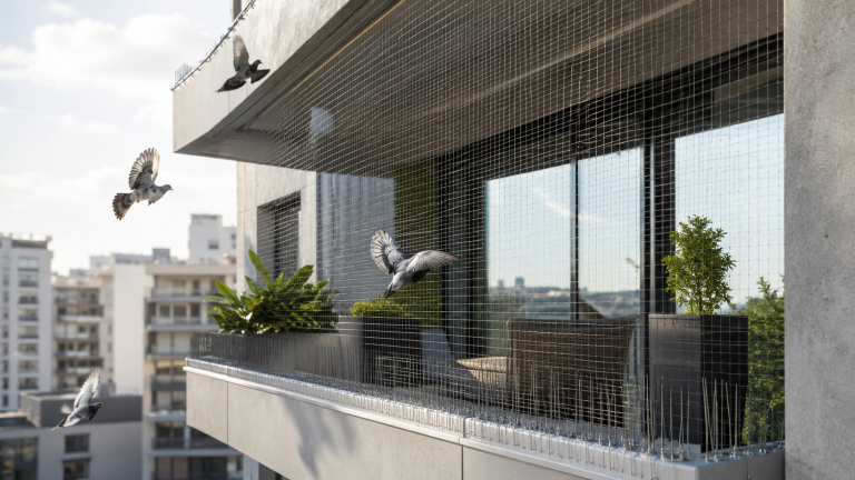 Balcon urbain protégé contre les fientes de pigeon avec filet anti-pigeon discret et pics inox sur les rebords