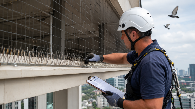 Technicien contrôlant des dispositifs anti-pigeons sur une façade avec pics et filet de protection
