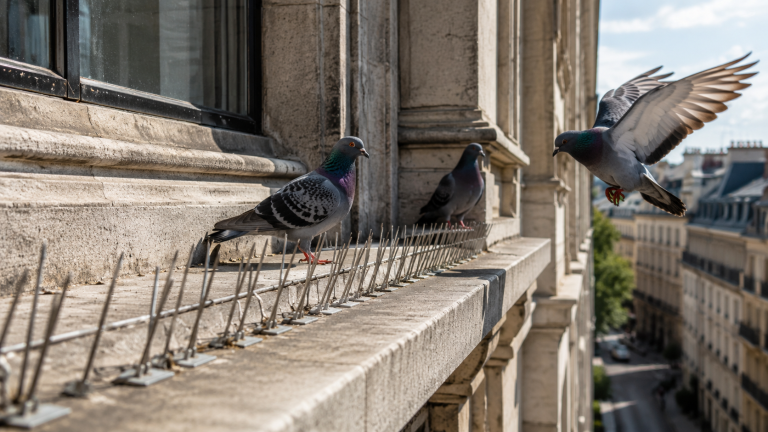 Pigeons posés sur un rebord de bâtiment malgré des pics anti-pigeons mal installés