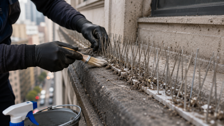 Entretien de pics anti-pigeons sur un rebord de fenêtre avec nettoyage des saletés et débris