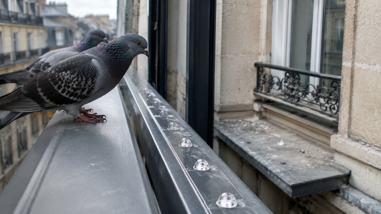 Pigeons sur un rebord de balcon protégé par un répulsif gel anti-pigeons transparent en milieu urbain
