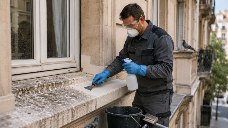 Professionnel équipé de gants, masque et lunettes nettoyant des fientes de pigeon sur le rebord d’un immeuble