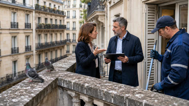 Syndic, copropriétaire et agent de nettoyage devant un balcon sali par des fientes de pigeon en copropriété