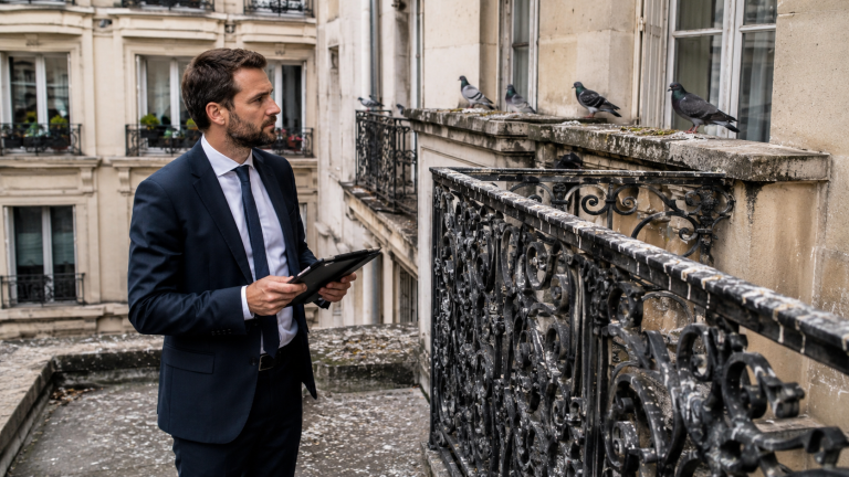 Syndic de copropriété inspectant des fientes de pigeon sur un balcon d’immeuble
