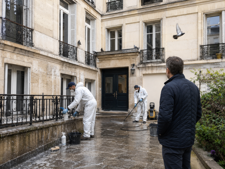 Nettoyage professionnel de fientes de pigeon dans une cour de copropriété