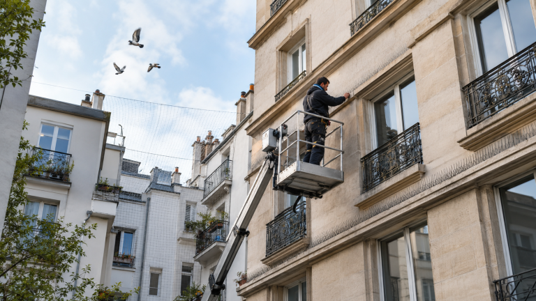 Technicien installant une solution anti-pigeon sur la façade d’une copropriété avec pics et filet de protection