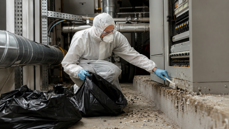 Technicien équipé d’une combinaison de protection nettoyant un local technique contaminé par des fientes de pigeon