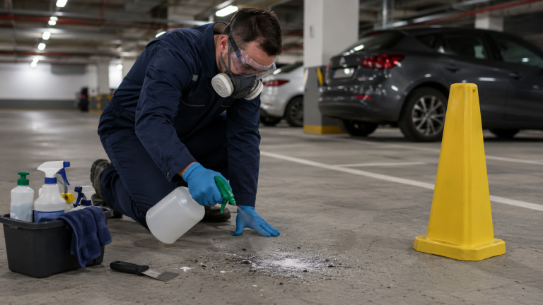 Agent de nettoyage équipé de gants, masque et lunettes nettoyant des fientes de pigeon dans un parking souterrain
