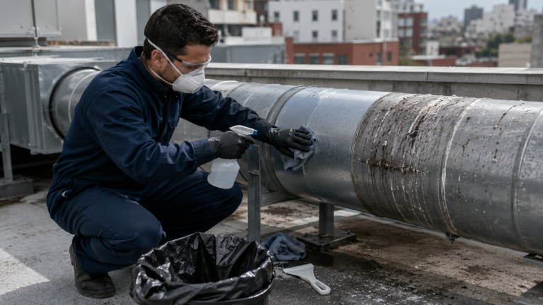 Technicien équipé de gants, masque et lunettes nettoyant des fientes de pigeon sur un conduit de ventilation métallique en toiture.