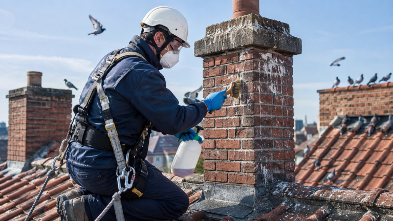 Professionnel équipé d’un harnais, de gants et d’un masque nettoyant des fientes de pigeon sur une cheminée en brique.