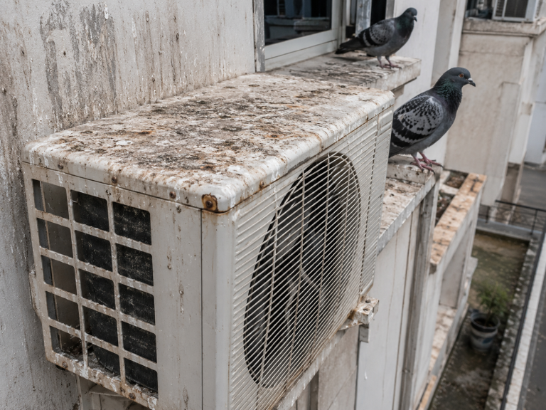 Fientes de pigeon sur une unité extérieure de climatisation encrassée avec pigeons perchés à proximité