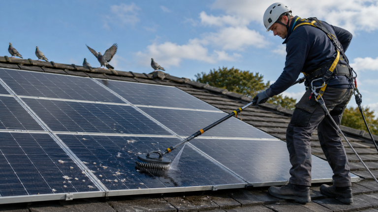 Technicien nettoyant des fientes de pigeon sur des panneaux solaires avec une brosse douce et de l’eau