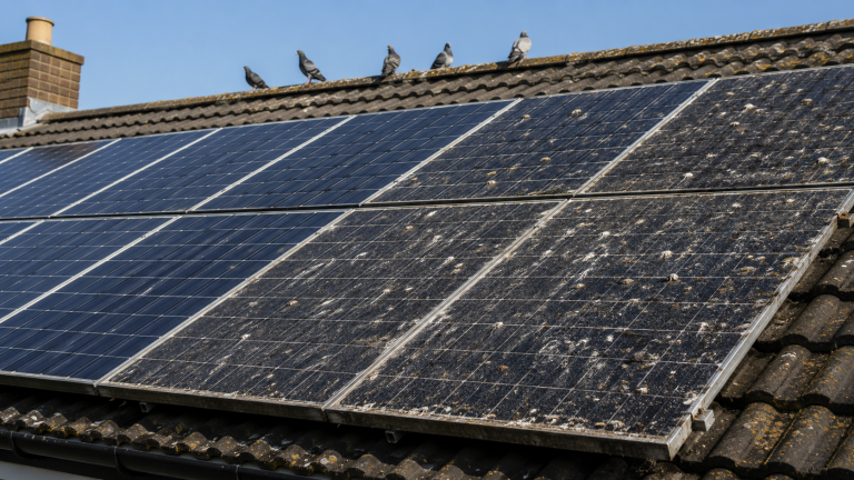 Panneaux solaires sales recouverts de fientes de pigeon réduisant le rendement photovoltaïque