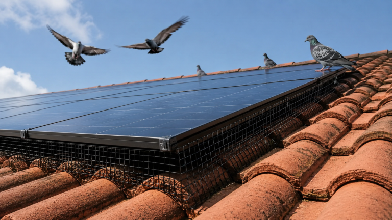 Panneaux solaires protégés contre les pigeons par un grillage anti-oiseaux installé sur une toiture en tuiles