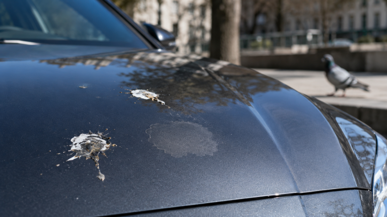 Fientes de pigeon sur le capot d’une voiture avec trace terne sur la peinture abîmée