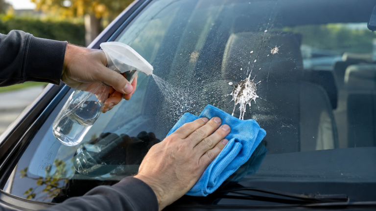 Nettoyage de fientes de pigeon sur un pare-brise de voiture avec un chiffon microfibre et un spray nettoyant