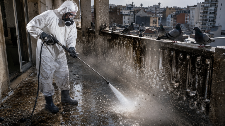 Agent équipé d’une combinaison de protection nettoyant des fientes de pigeon au nettoyeur haute pression sur un balcon urbain