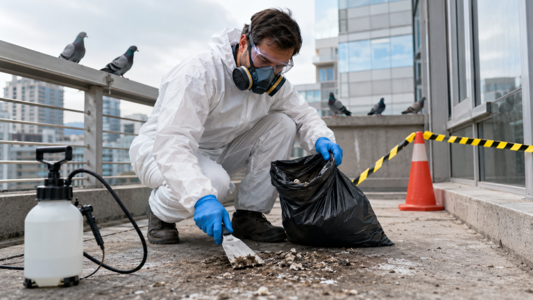 Technicien équipé d’une combinaison, de gants et d’un masque respiratoire nettoyant des fientes de pigeon sur une terrasse urbaine