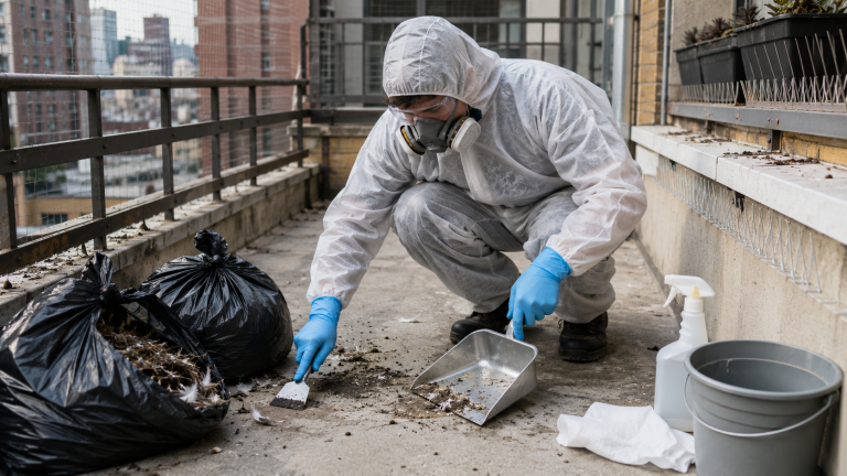 Technicien équipé d’une combinaison, de gants et d’un masque nettoyant les déchets après dépigeonnage sur un balcon urbain