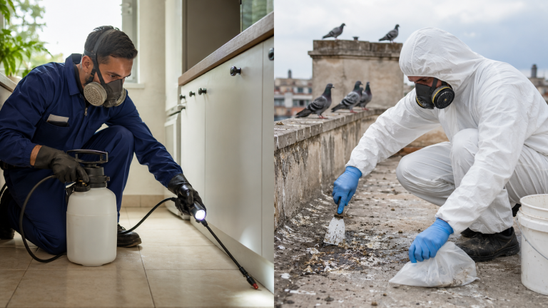 Techniciens spécialisés comparant une intervention de désinsectisation intérieure et un nettoyage de fientes de pigeon en extérieur