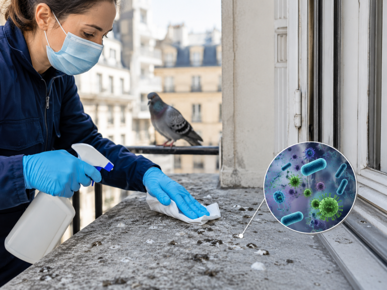 Personne portant des gants et un masque nettoyant des fientes de pigeon sur un rebord de fenêtre avec une illustration de bactéries