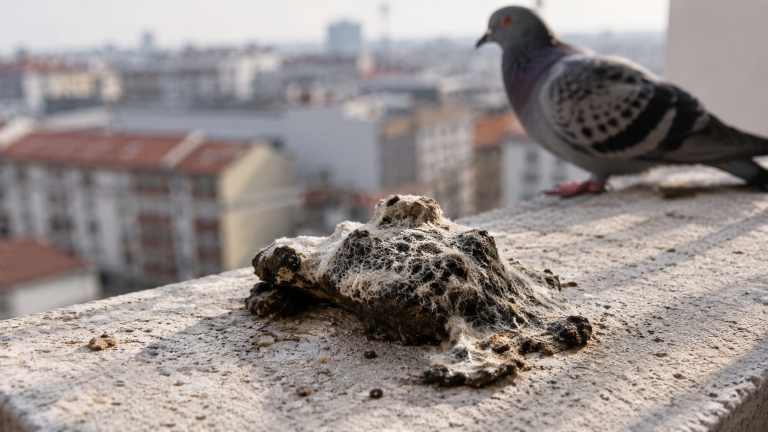 Fientes de pigeon sèches avec traces de champignons sur un rebord urbain, illustrant les risques sanitaires liés aux déjections de pigeons.