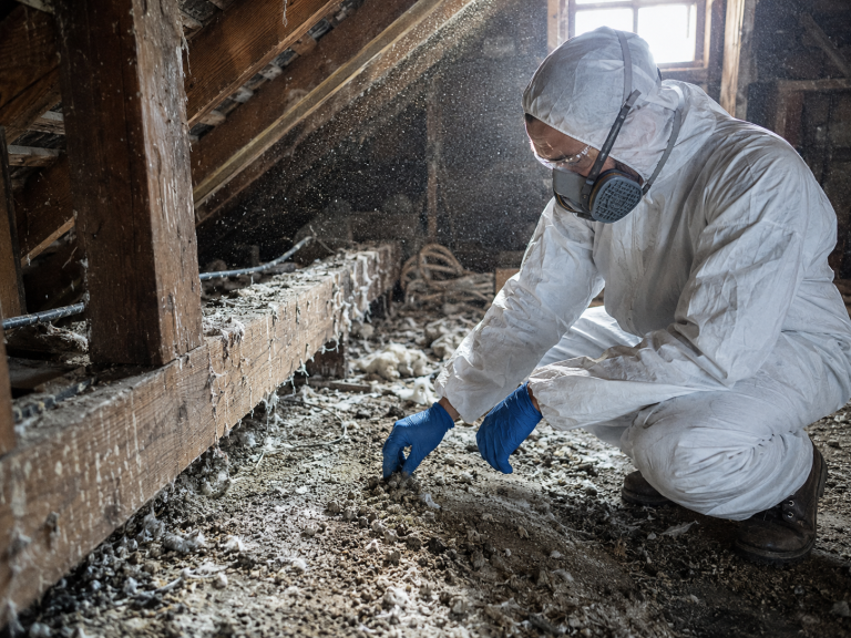 Agent équipé d’une combinaison, de gants et d’un masque respiratoire inspectant des fientes d’oiseaux dans un grenier poussiéreux à risque d’histoplasmose.