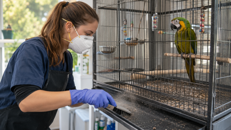 Personne portant un masque et des gants nettoyant la cage d’un perroquet pour prévenir les risques de psittacose liée aux oiseaux