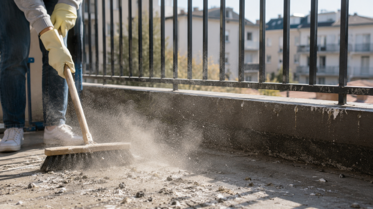 Personne balayant des fientes de pigeon sèches sur un balcon avec un nuage de poussière visible