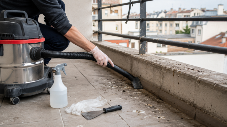 Aspirateur professionnel utilisé pour nettoyer des fientes de pigeon sur un balcon avec gants, pulvérisateur et grattoir