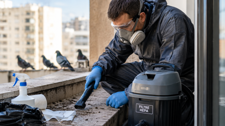 Nettoyage de fientes de pigeon sur un balcon avec un aspirateur équipé d’un filtre HEPA et des protections adaptées