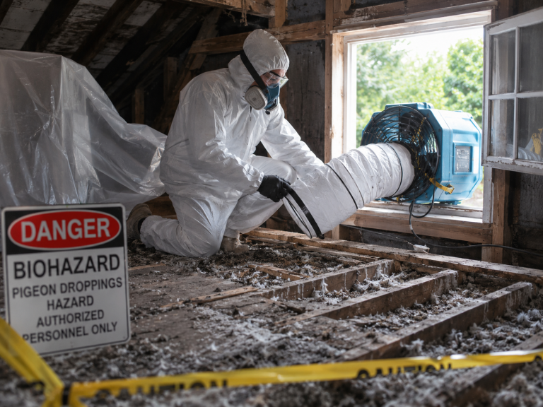 Technicien équipé d’une combinaison de protection ventilant des combles contaminés par des fientes de pigeon avec un extracteur d’air