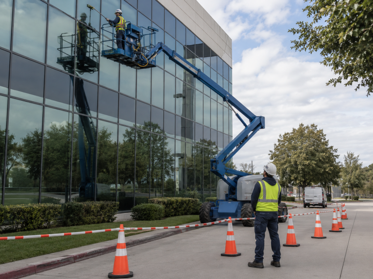 Intervention de nettoyage en hauteur sécurisée avec nacelle sur une façade vitrée