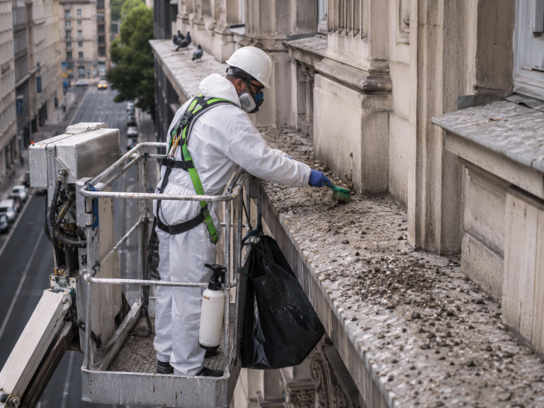 Technicien en nacelle nettoyant des fientes de pigeon sur la corniche d’un immeuble en hauteur