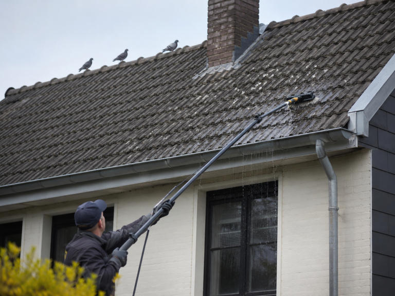 Nettoyage de fientes de pigeon sur une toiture inaccessible avec une perche télescopique