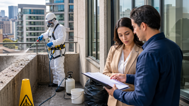 Entreprise de nettoyage de fientes assurée intervenant sur un balcon avec équipement de protection et contrôle professionnel