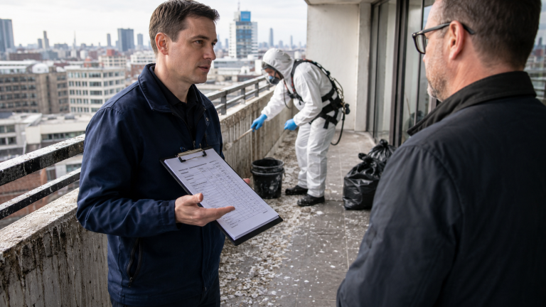 Entreprise spécialisée dans le nettoyage de fientes intervenant sur un balcon avec équipements de protection et présentation des garanties au client