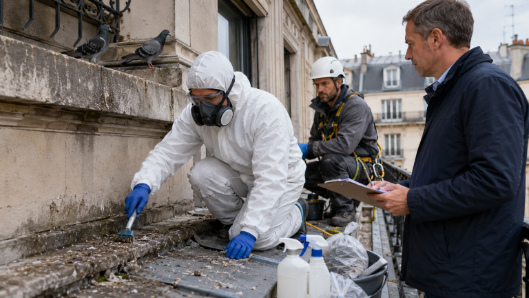 Technicien équipé nettoyant des fientes de pigeon sur un bâtiment avec contrôle professionnel du chantier