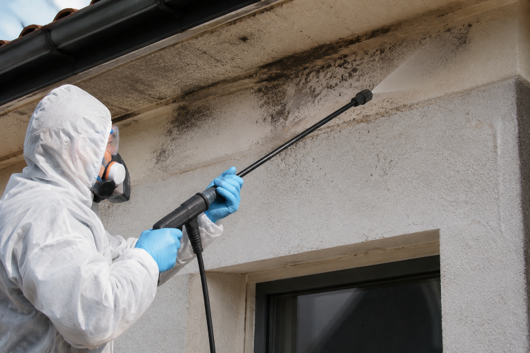 Technicien équipé nettoyant des fientes d’oiseaux sur une façade avec un nettoyeur haute pression