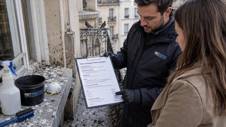 Professionnel du nettoyage présentant un devis pour le nettoyage de fientes de pigeon sur un balcon souillé