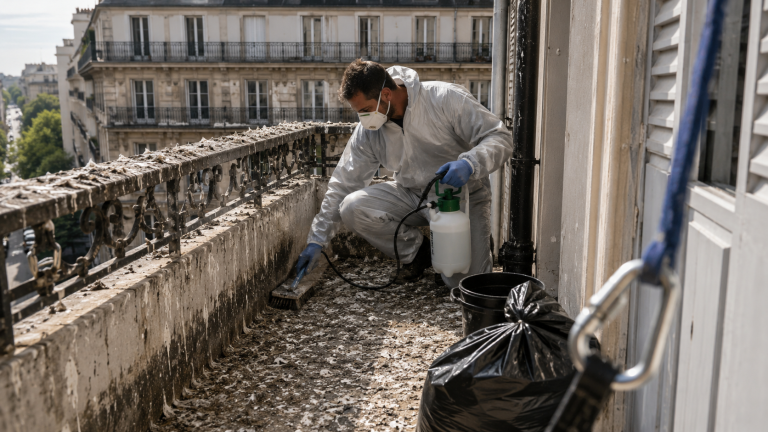 Technicien en combinaison de protection nettoyant des fientes de pigeons sur un balcon en hauteur avec du matériel professionnel