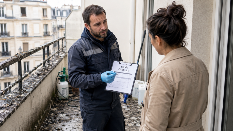 Professionnel du nettoyage présentant un devis gratuit pour nettoyer des fientes de pigeons sur un balcon