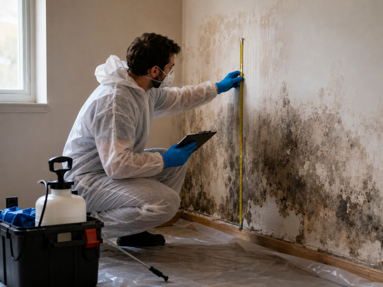 Technicien en combinaison de protection mesurant une surface contaminée par l’humidité et les moisissures sur un mur intérieur