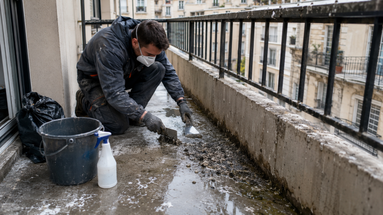 Professionnel nettoyant un balcon très sale couvert de fientes de pigeons avec des équipements de protection
