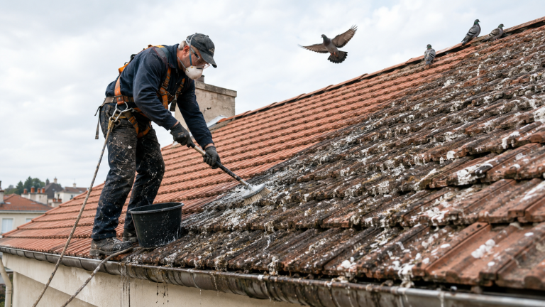 Professionnel nettoyant une toiture souillée par des fientes de pigeons avec équipement de sécurité