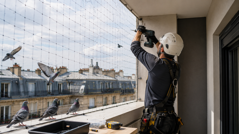 Technicien installant un filet anti-pigeon sur un balcon pour protéger un logement des nuisances causées par les pigeons