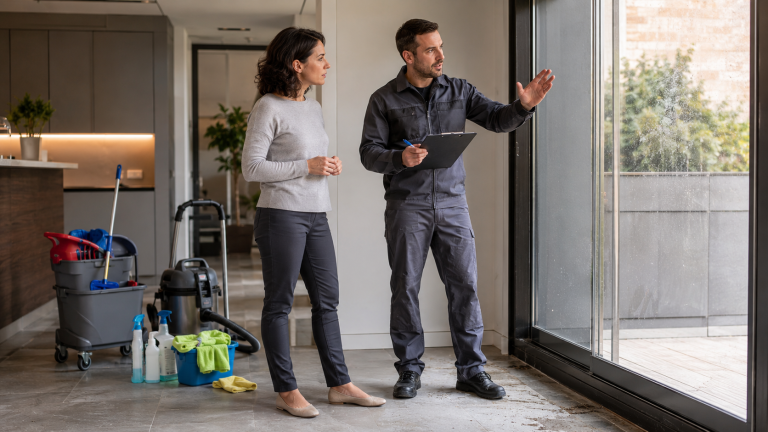 Technicien réalisant une visite technique avant nettoyage avec une cliente dans un local moderne