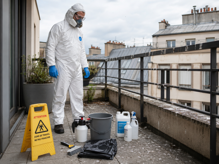 Technicien en équipement de protection préparant une intervention de nettoyage de fientes d’oiseaux sur un balcon