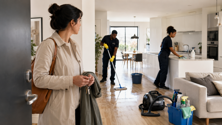 Personne hésitant à quitter son logement pendant que des professionnels réalisent un nettoyage complet